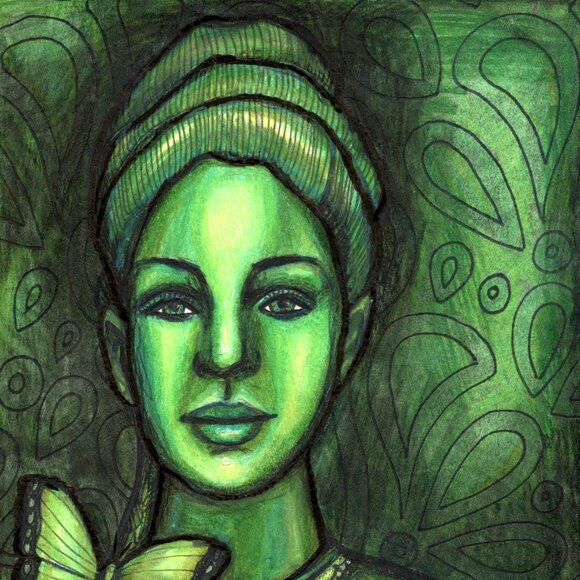 original drawing, art sale, green lady, contemporary artwork, nature, figurative - Picture 2 of 4
